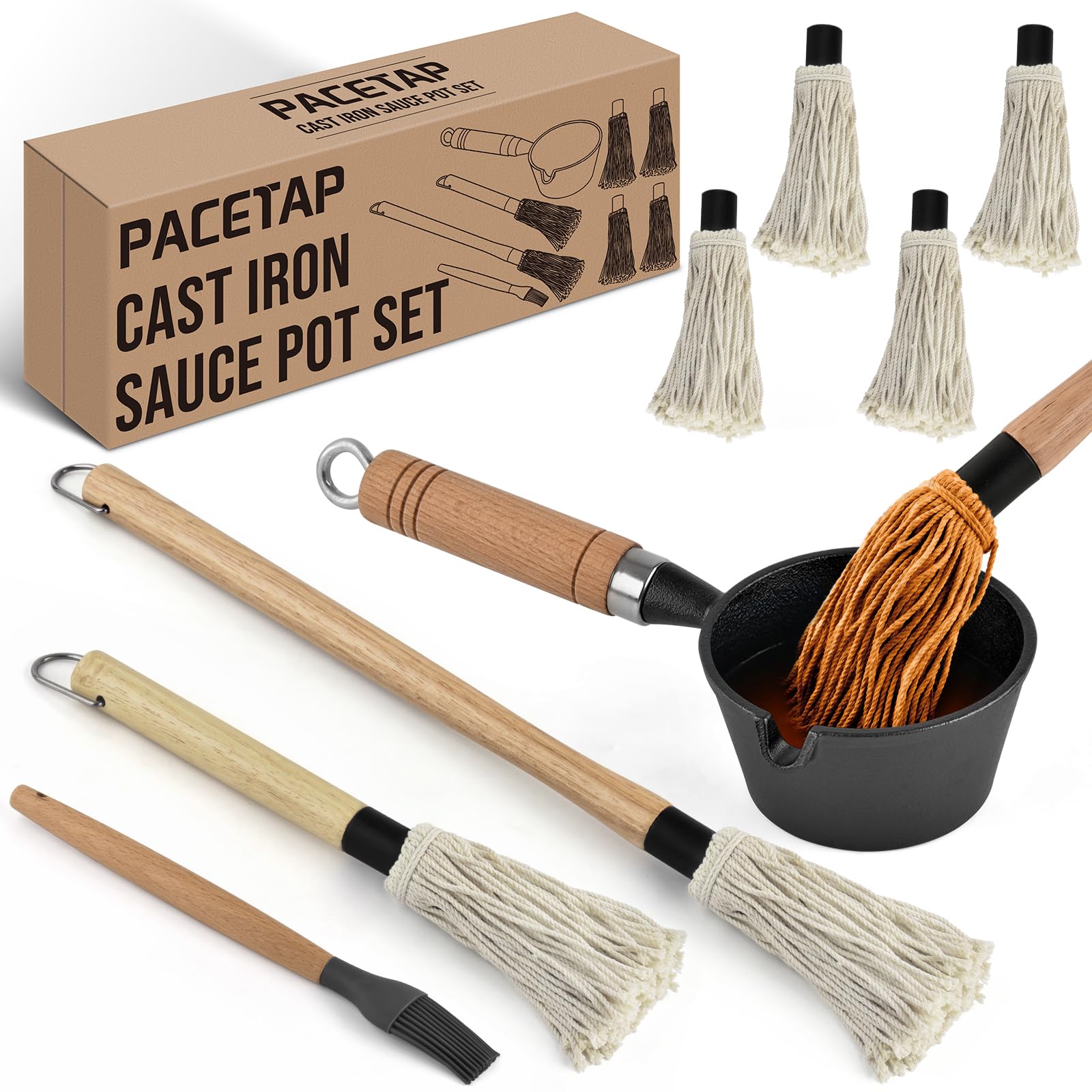 PACETAP BBQ Mop Brush Set with Cast Iron Sauce Pot for even saucing on meats