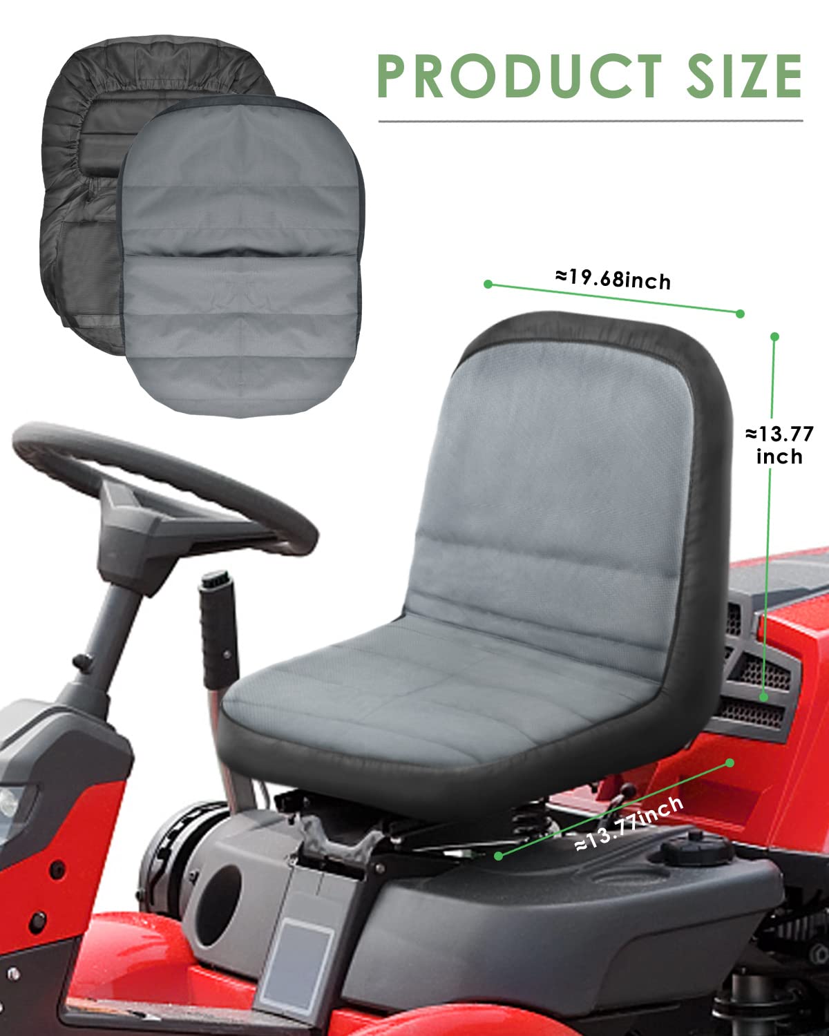PACETAP seat cover features a back buckle to reduce shifting during mowing.