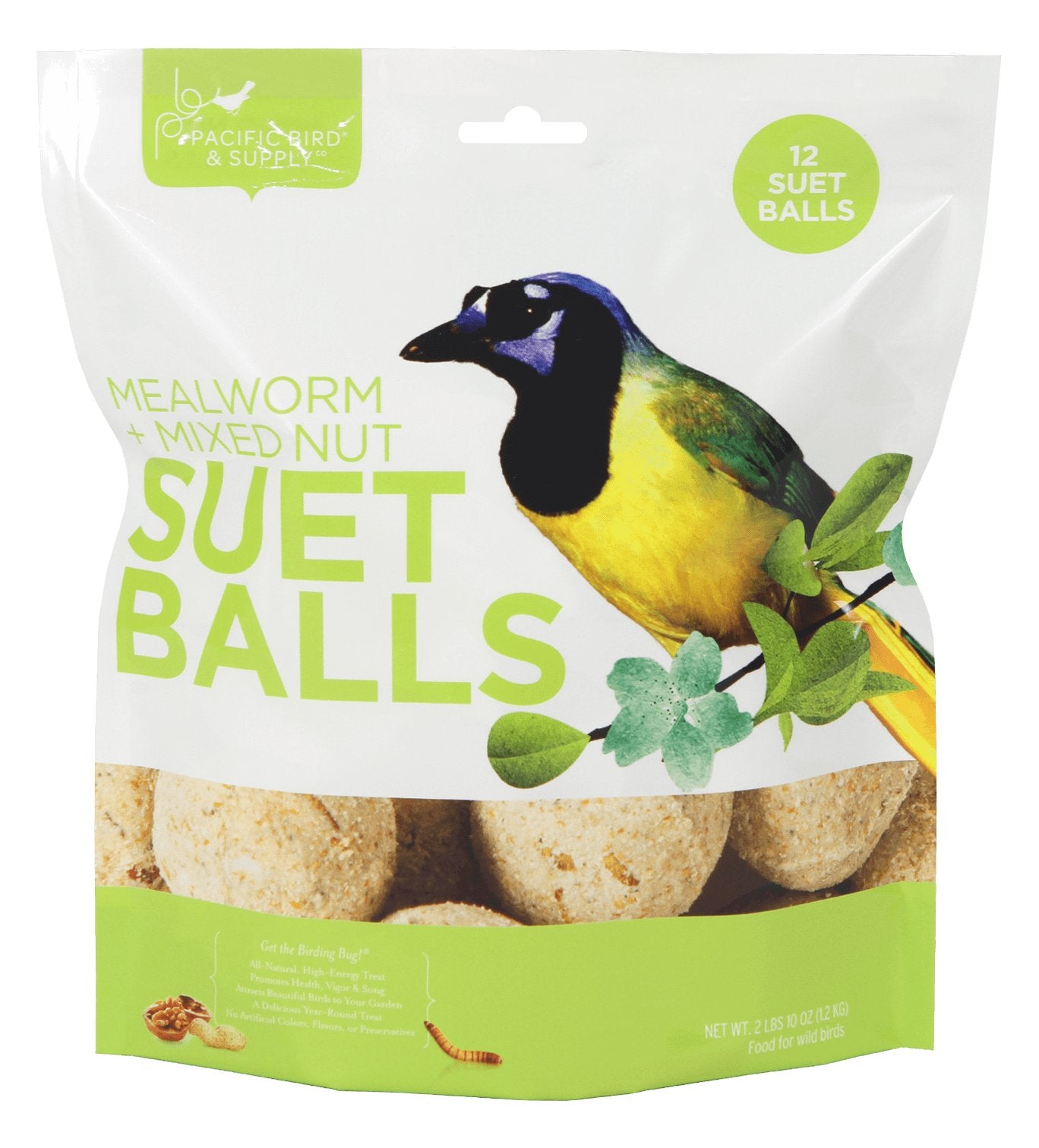 Pacific Bird Mealworm Mixed Nut Suet Ball 12-pack shown in resealable packaging.