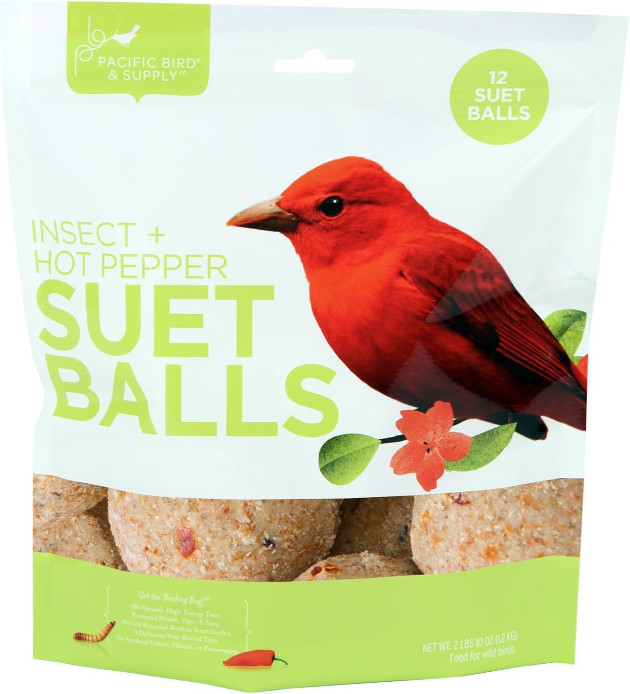 Pacific Bird suet balls in resealable packaging for mess-free feeding.