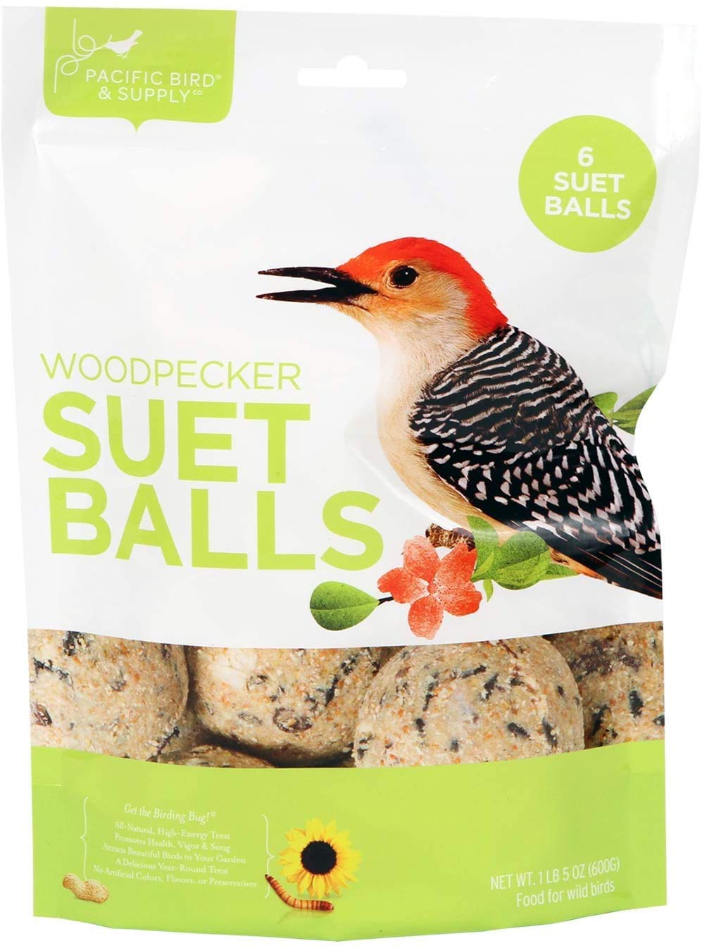 Pacific Bird and Supply Co Pb-0096 woodpecker suet balls six-pack in feeding setup attract insectivorous birds.
