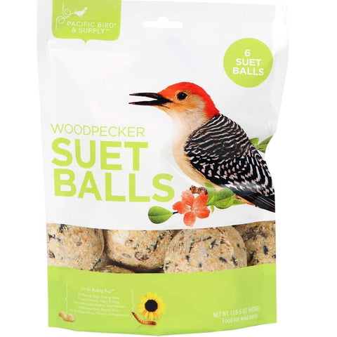 Close-up of woodpecker suet balls highlighting no-melt formula for mess-free backyard feeding.