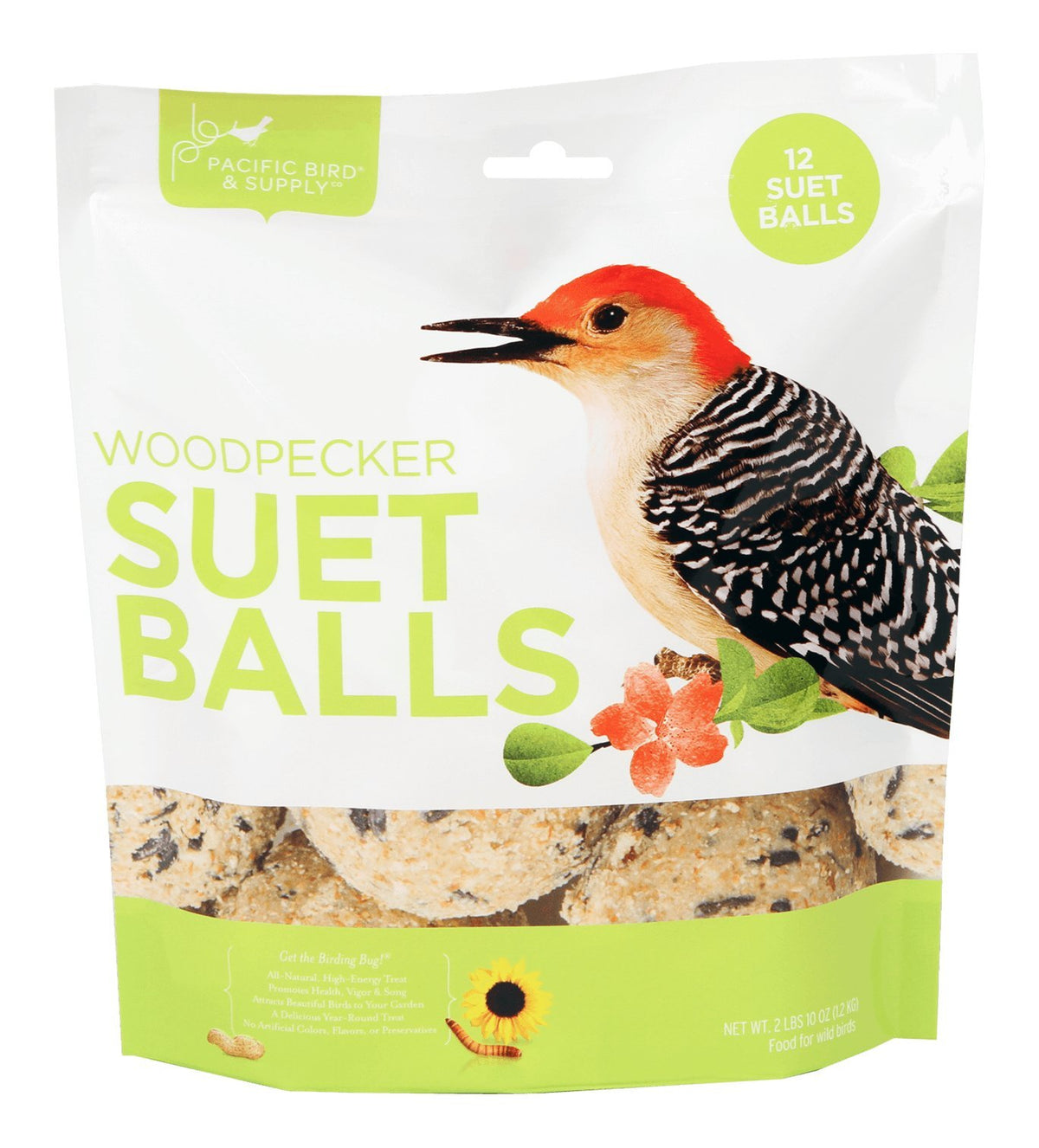 Pacific Bird Woodpecker Suet Balls 12-pack packaging showing mess-free, no-melt design.