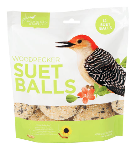 Pacific Bird Woodpecker Suet Balls 12-pack packaging showing mess-free, no-melt design.
