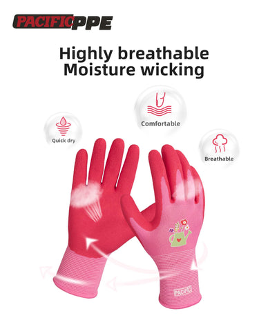 PACIFIC PPE latex coated gloves rose red coating visible for secure grip