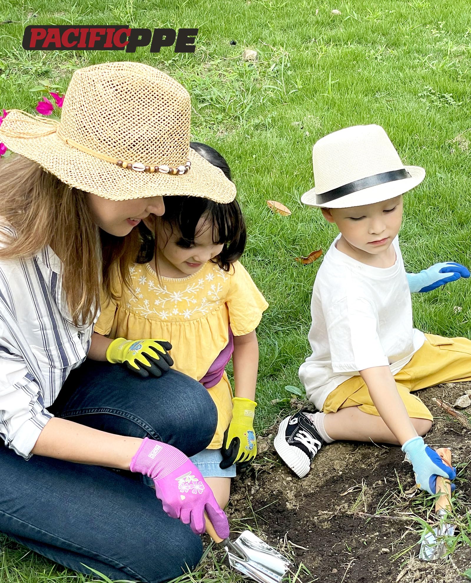 Child wearing Pacific PPE gloves during gardening activity.
