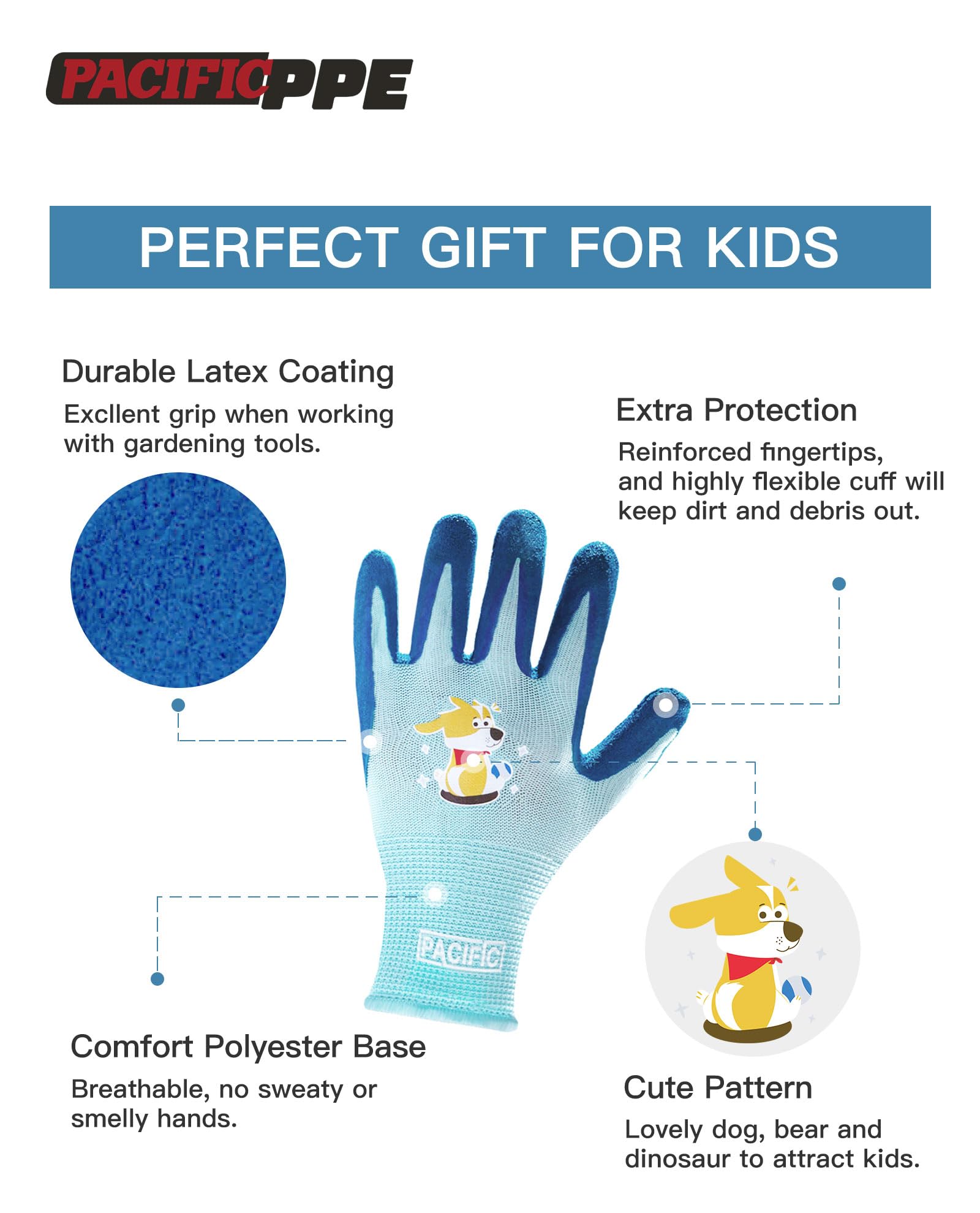 Pacific PPE kids gloves with foam latex coating offering secure grip