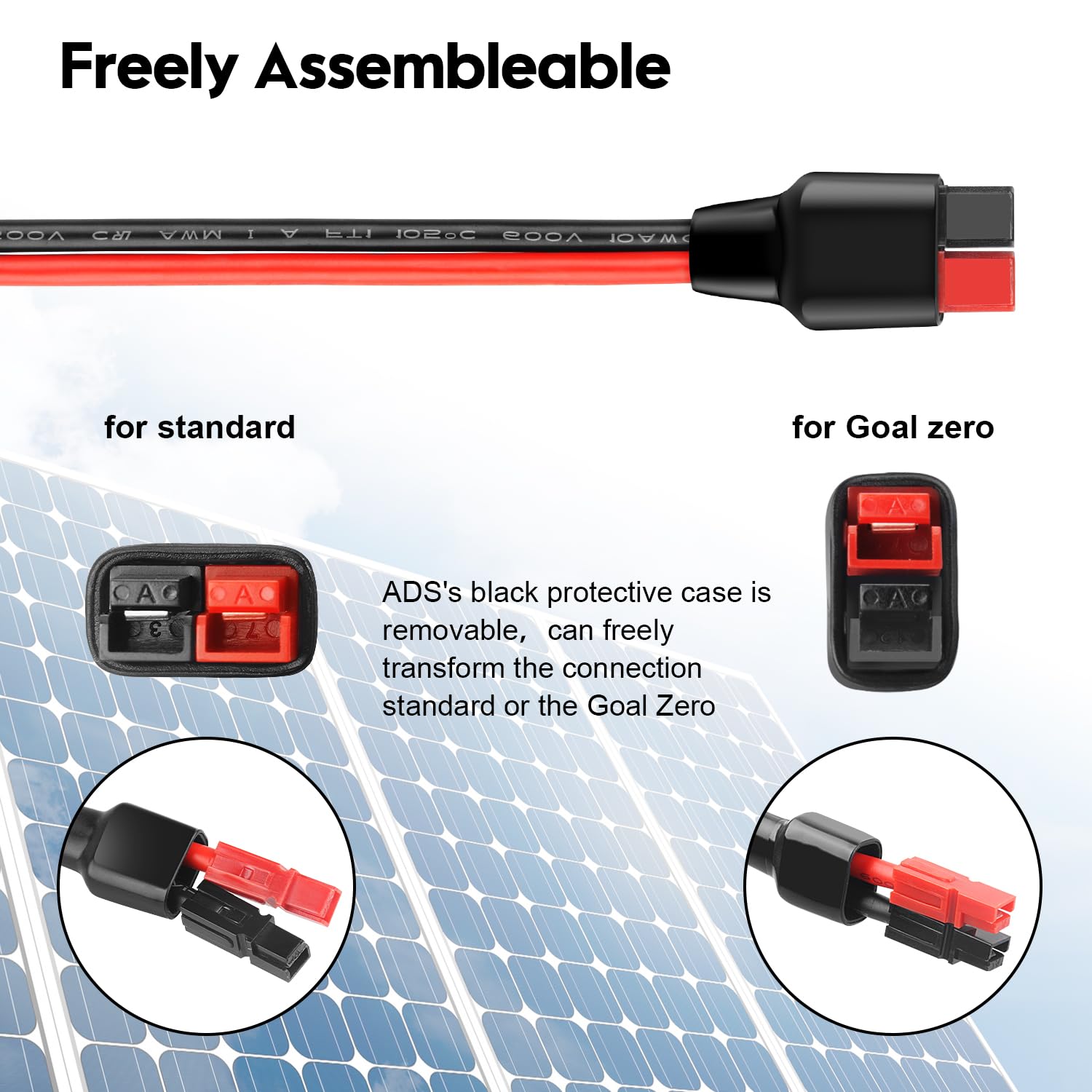 PAEKQ 30A Anderson connectors on both ends enabling quick two-panel charging.