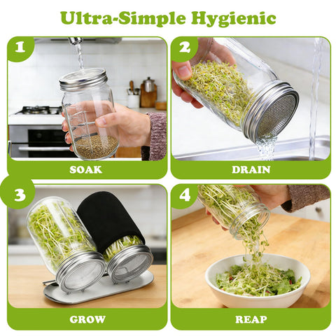 Palksky sprouting lid elevates as a stand to prevent tipping on the counter.