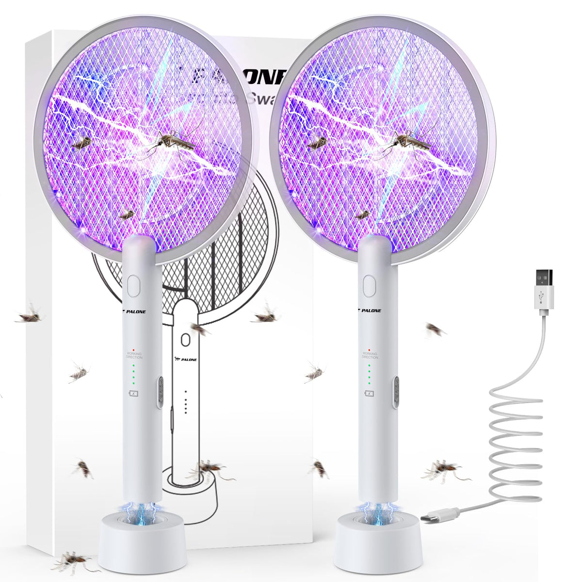 PALONE electric fly swatter closeup showing the 3000V grid for fast insect control