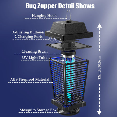 PALONE Solar Bug Zapper in night mode showing glow and automatic battery operation.