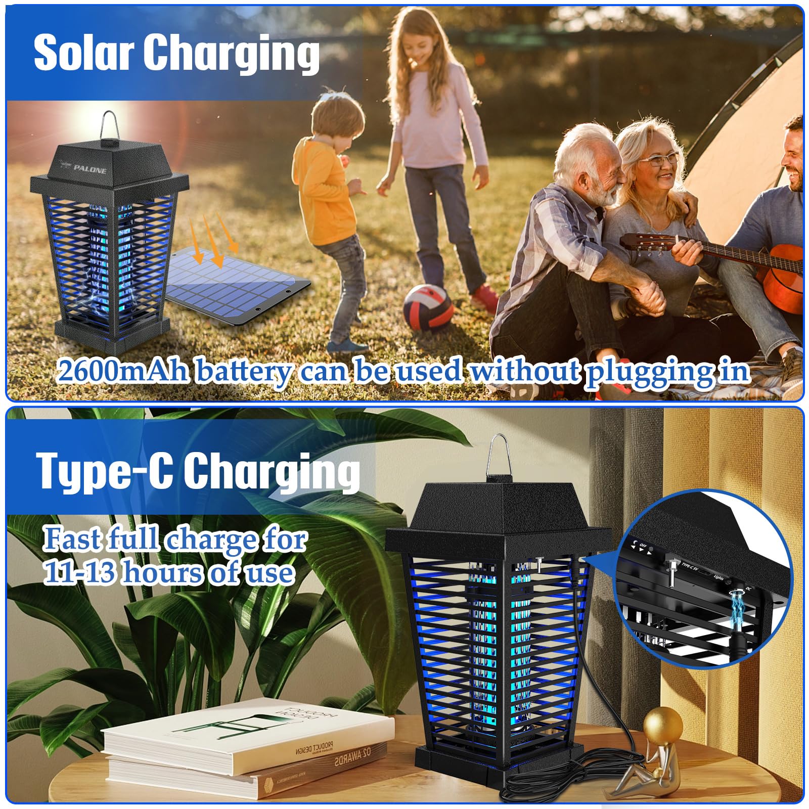 PALONE Solar Bug Zapper side view with integrated solar panel for eco-friendly charging.