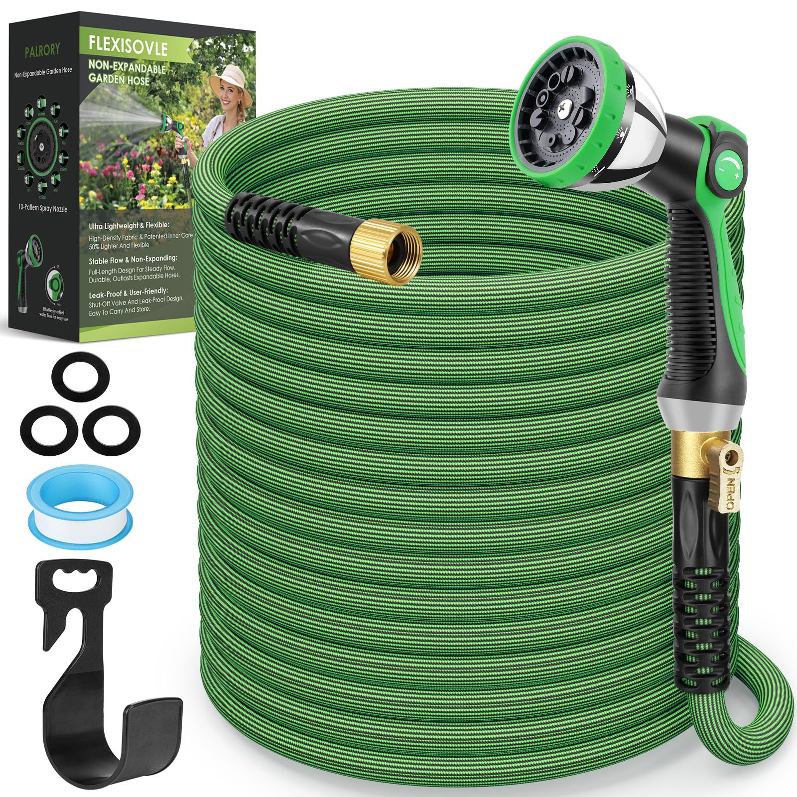 PALRORY 50 ft non-expandable garden hose fully unrolled for true length and steady watering