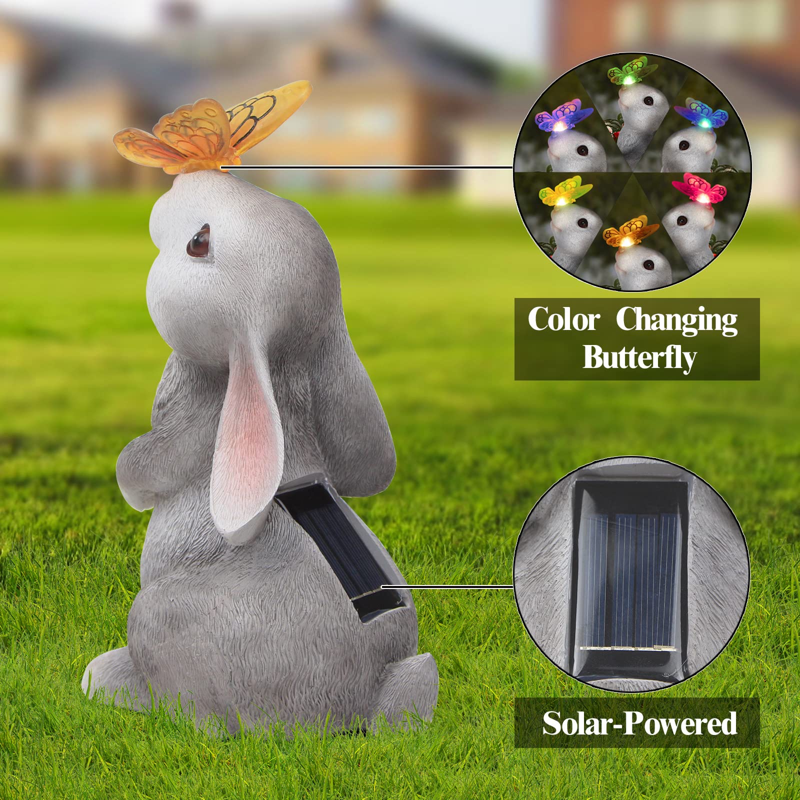 PaLuQiYa bunny statue patio decor adds whimsy and solar-powered night illumination
