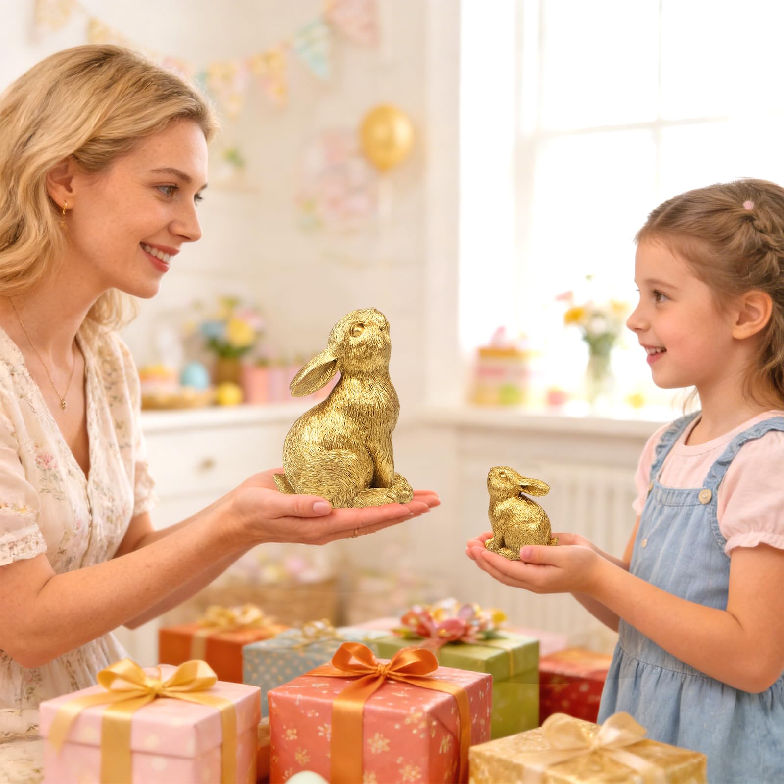 PaLuQiYa Easter bunny statue enhances festive tabletops with timeless sparkle.