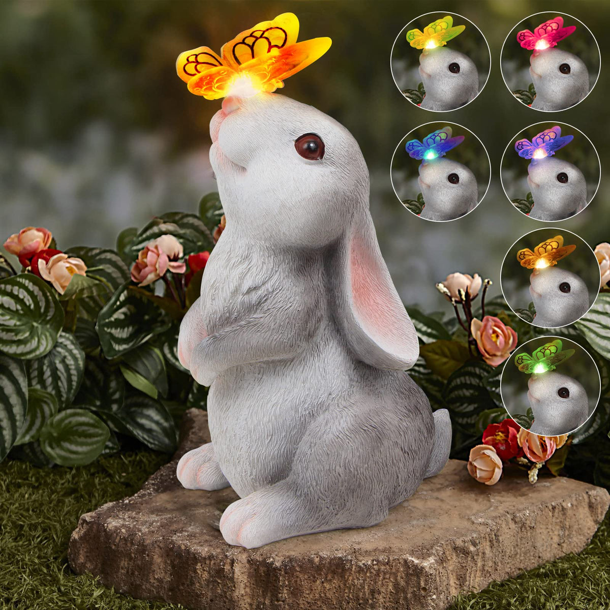PaLuQiYa garden statue outdoor rabbit with solar butterfly lights enhances curb appeal at dusk