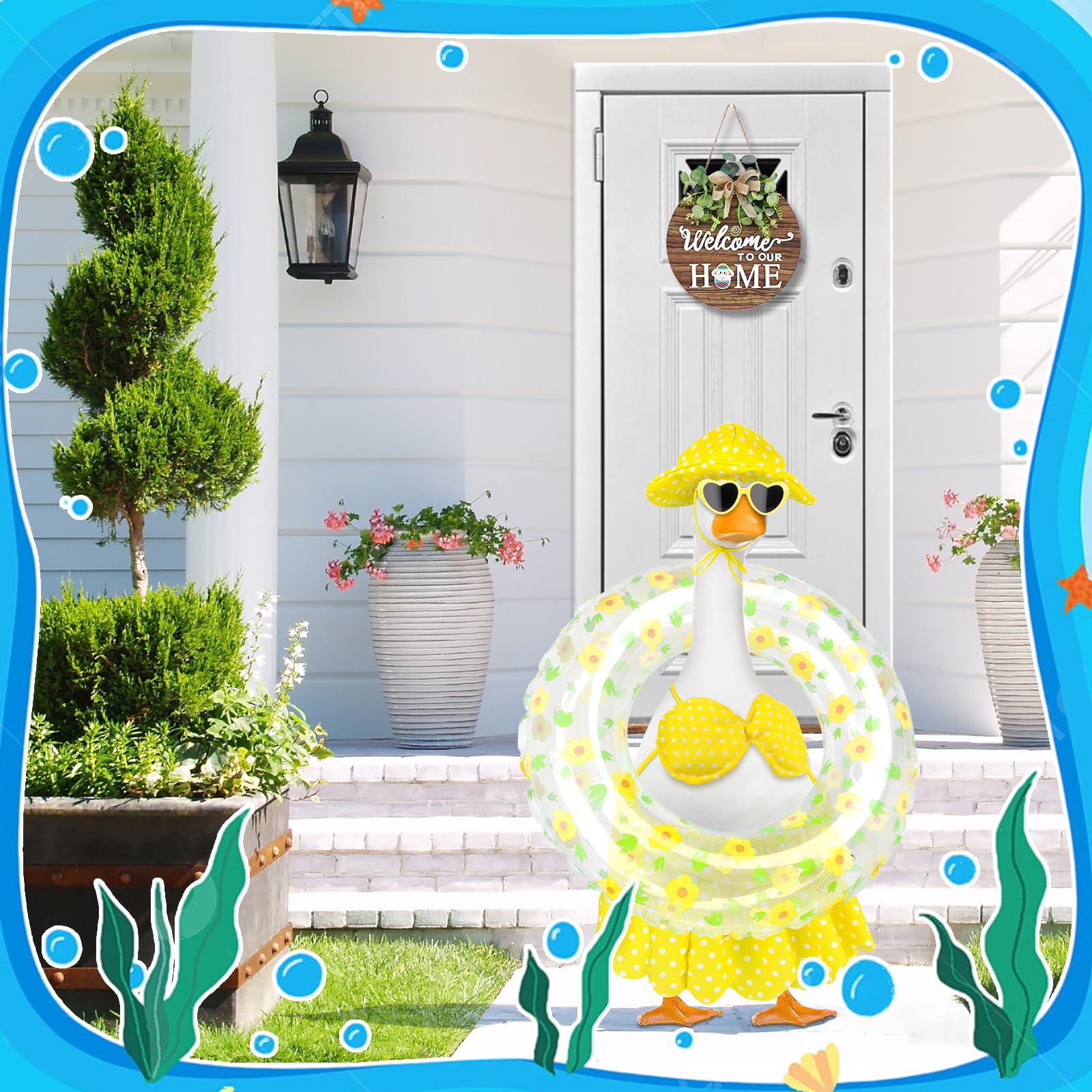 PaLuQiYa Hawaiian goose outfit hat adds a playful sun ready look to lawn statues.