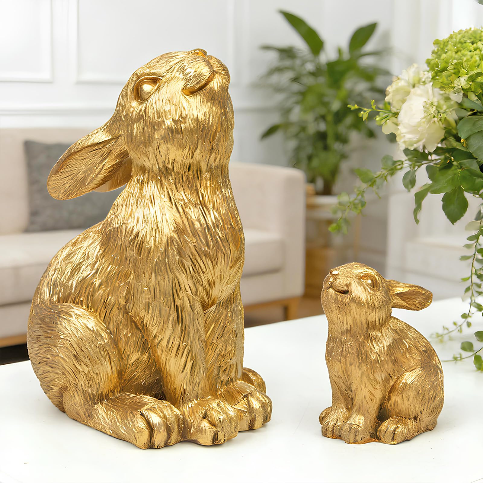 PaLuQiYa resin gold bunny figurine one adds vintage charm to Easter tabletops.