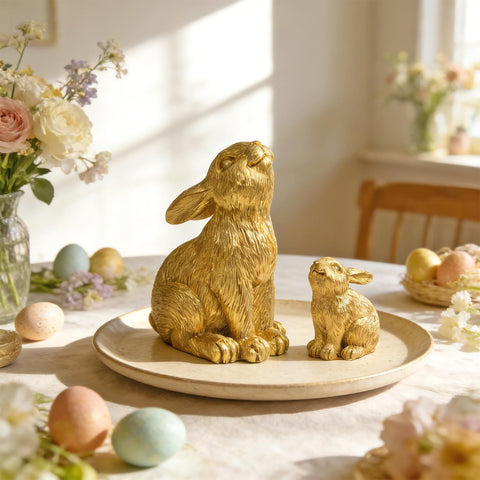 PaLuQiYa resin gold bunny figurine two shines on mantels for spring elegance.