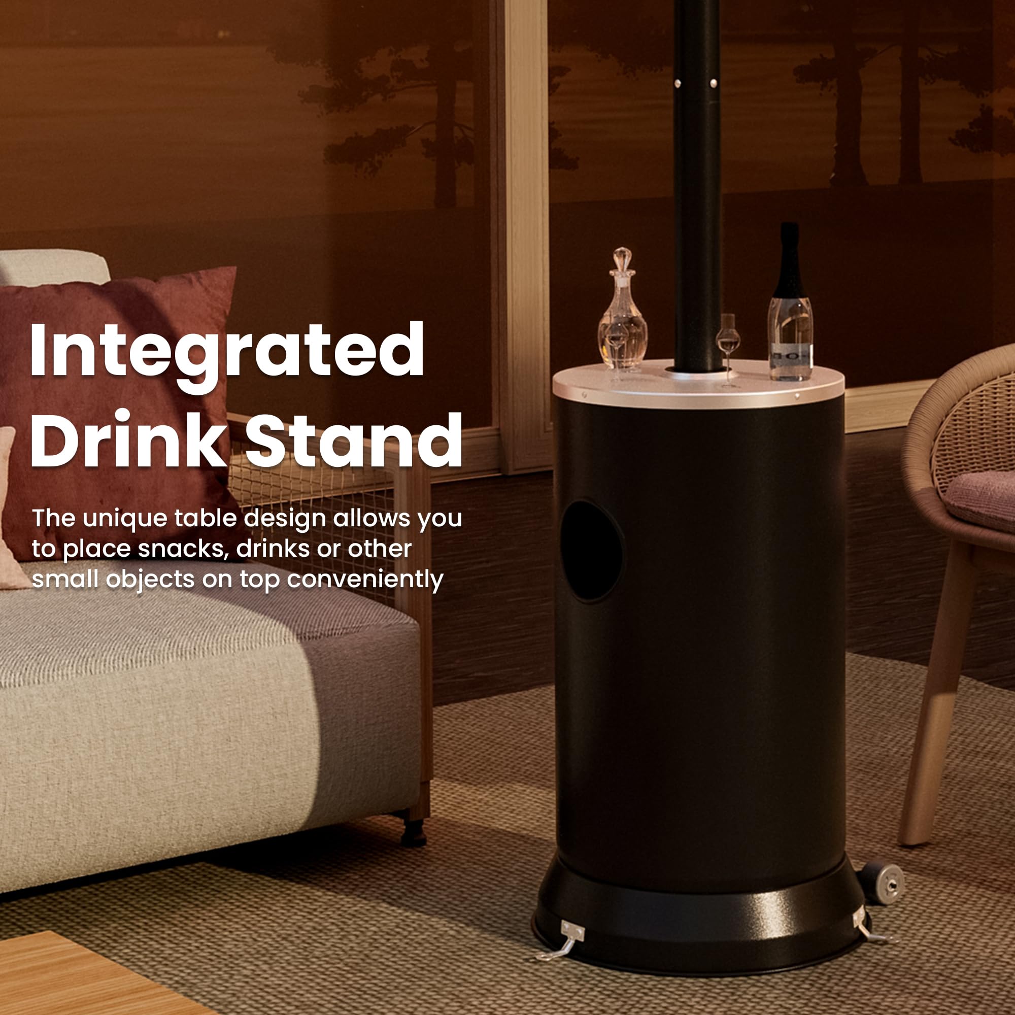 Pamapic fade-resistant cover protects the heater outdoors.