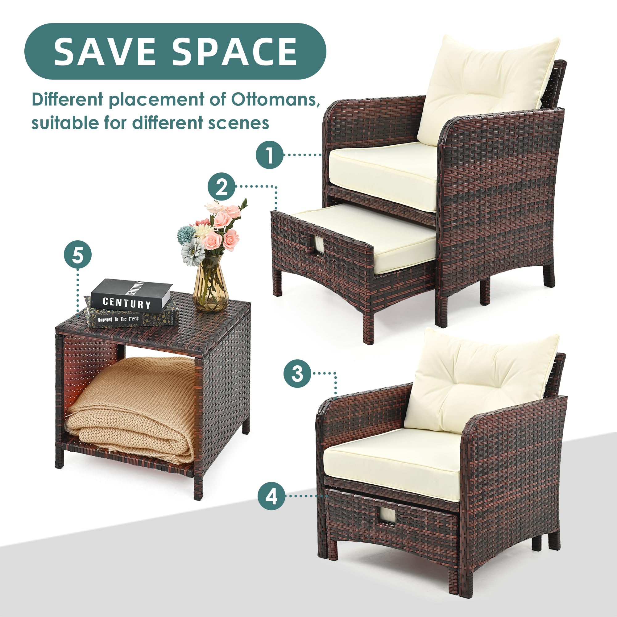Pamapic patio set stored neatly, ottomans stowed under chairs to save space