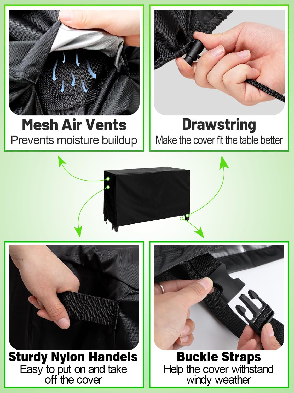 PAMASE buckle straps and drawstring secure the cover against wind.