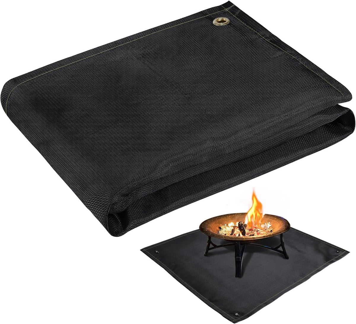 PAMASE fire pit mat on a wooden deck protecting surface from heat.