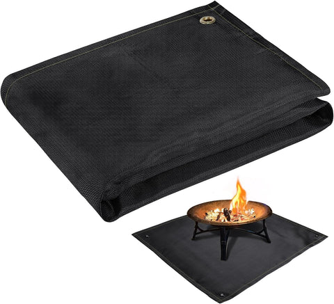 PAMASE fire pit mat on a wooden deck protecting surface from heat.
