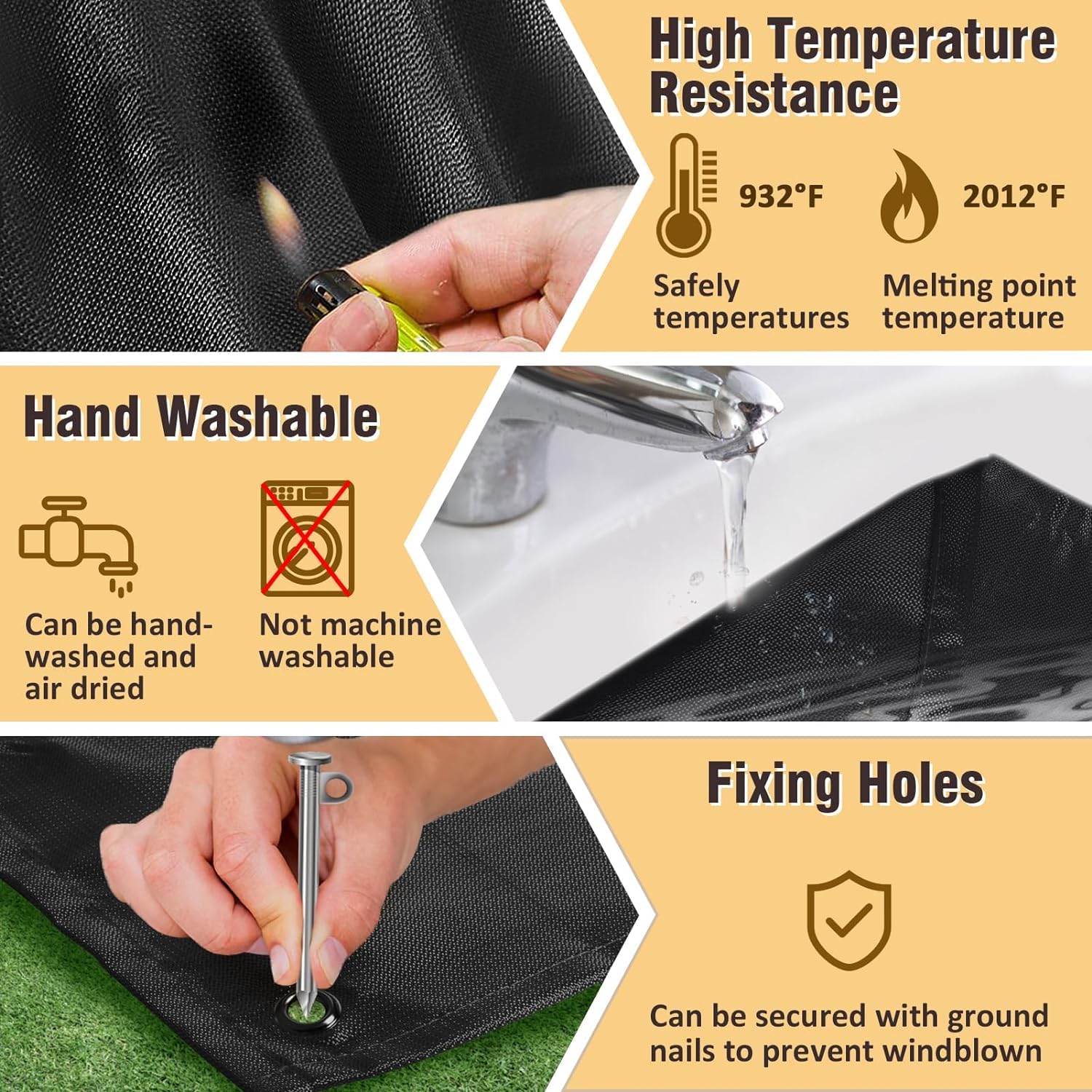 PAMASE fire pit mat edge sealed and washable for easy care.