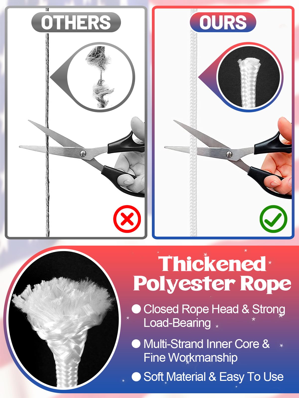 PAMASE rope end melted to prevent fraying during weather exposure.