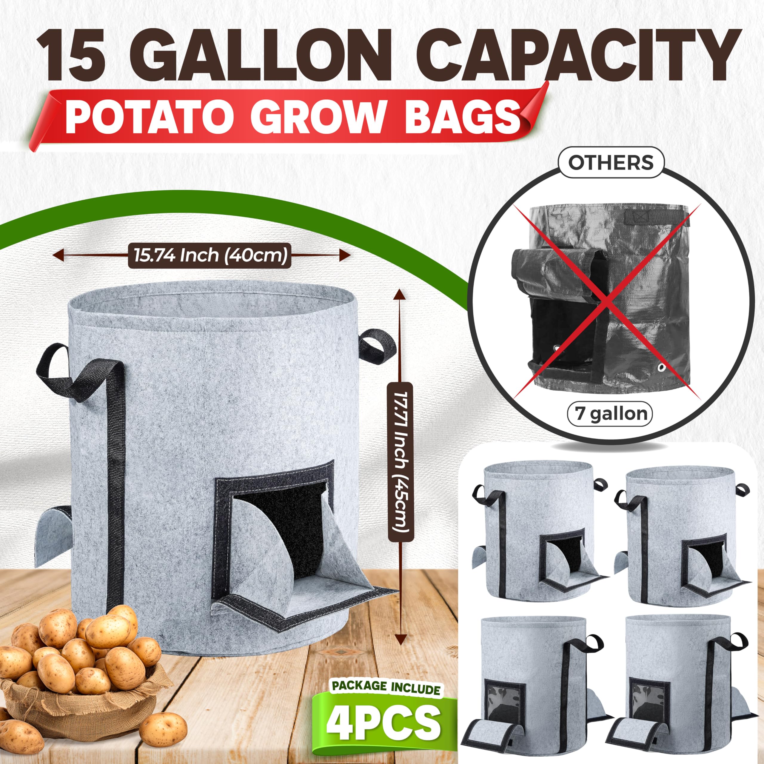 PAMAZY 15-gallon capacity garden bag supports ample crop spacing.