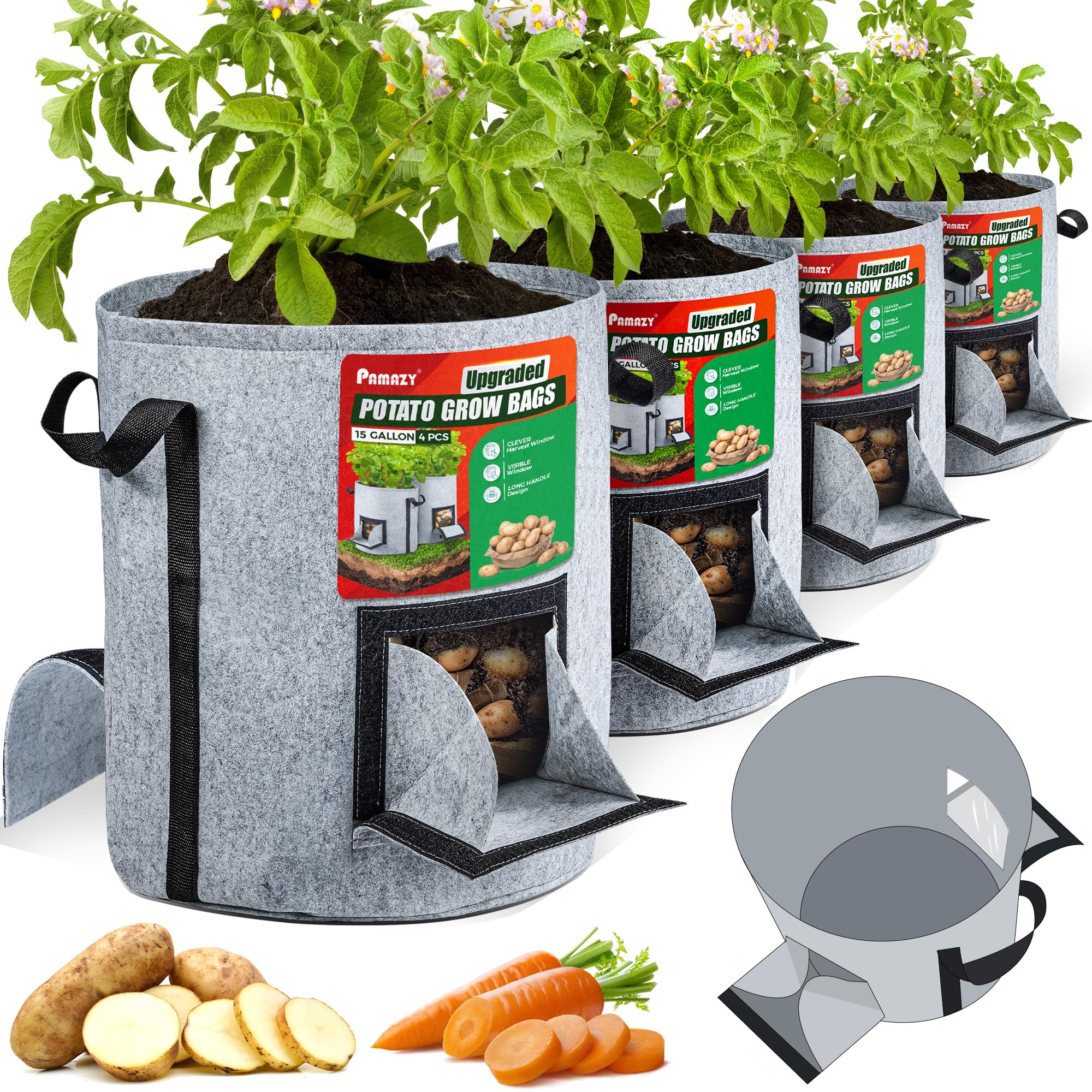 PAMAZY 4-pack 15-gallon potato grow bags with harvest window for easy harvest.