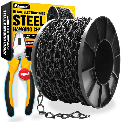 PAMAZY 50FT black hanging chain roll for versatile indoor and outdoor use.