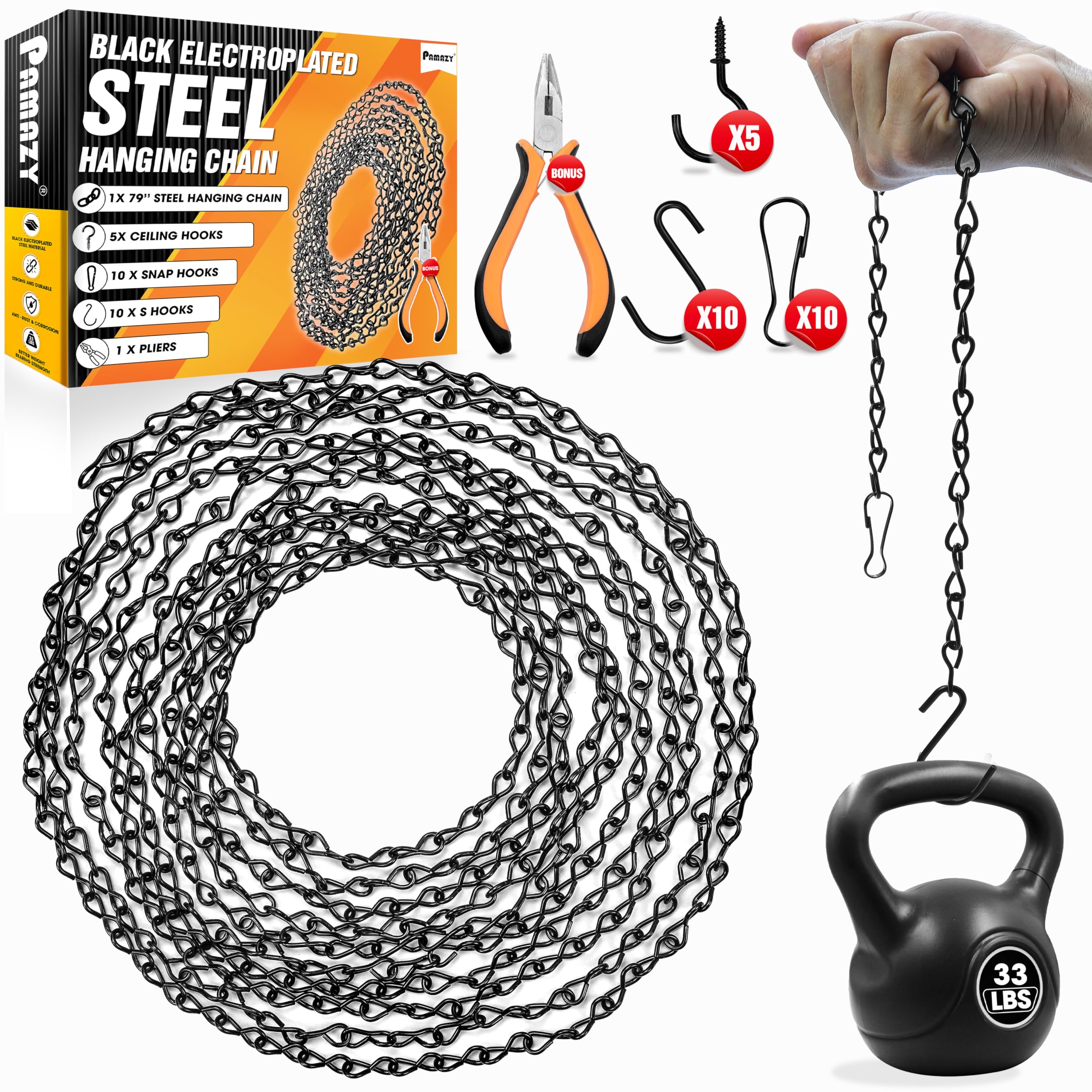 Pamazy 79-inch hanging chain close-up with sturdy black electroplated finish for indoor-outdoor use.