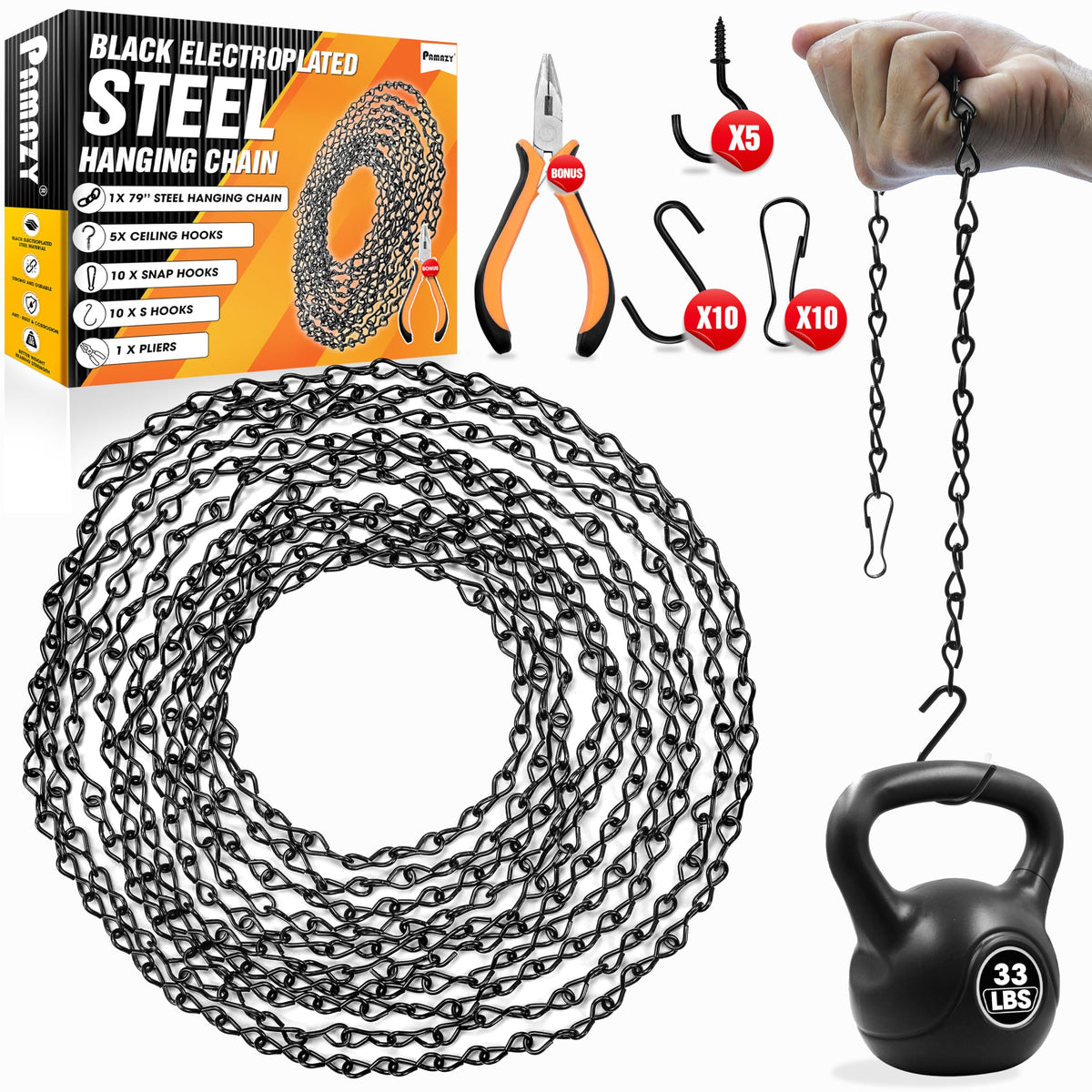 Pamazy 79-inch hanging chain close-up with sturdy black electroplated finish for indoor-outdoor use.