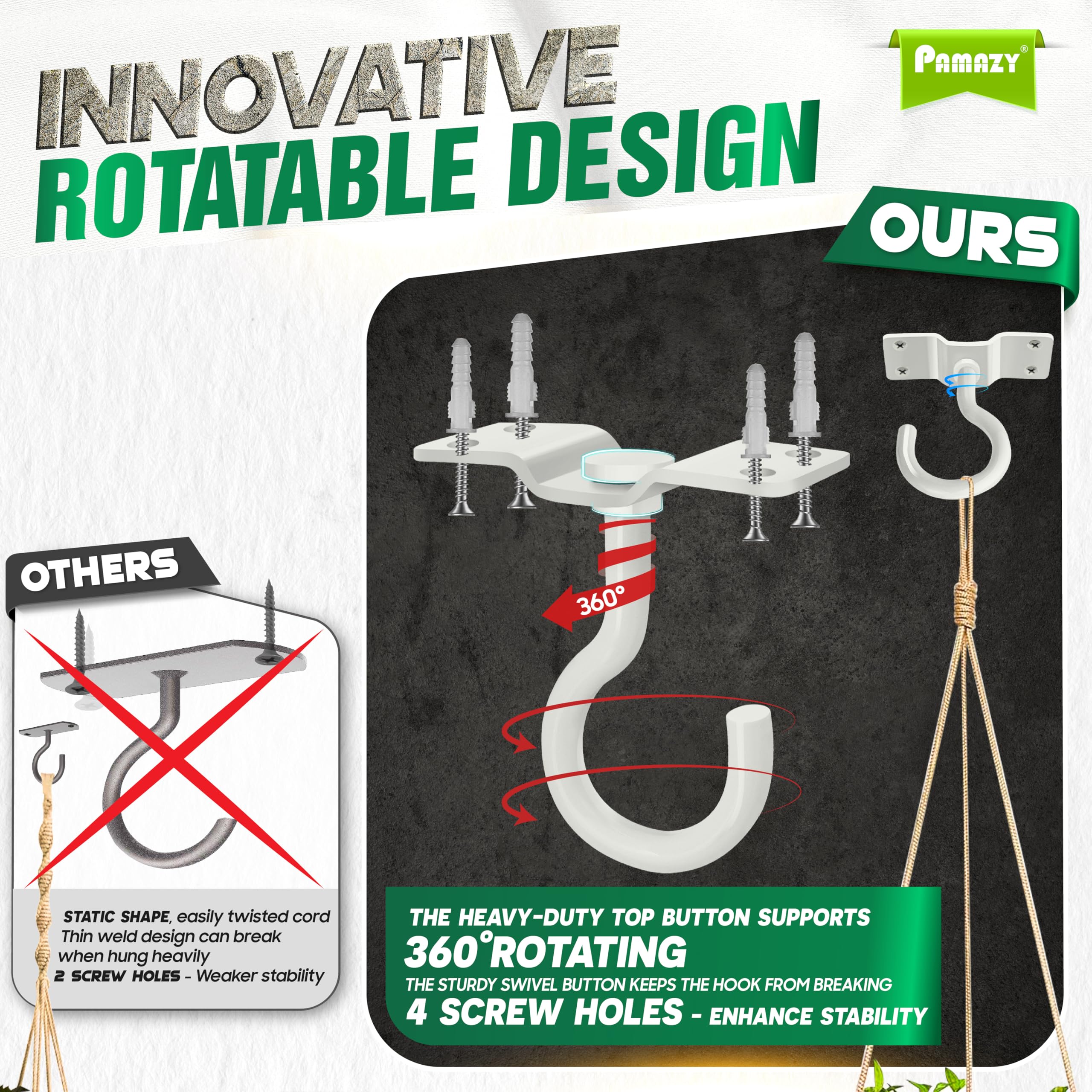 Pamazy 8mm diameter heavy-duty hook provides robust support for wind chimes or bird feeders.