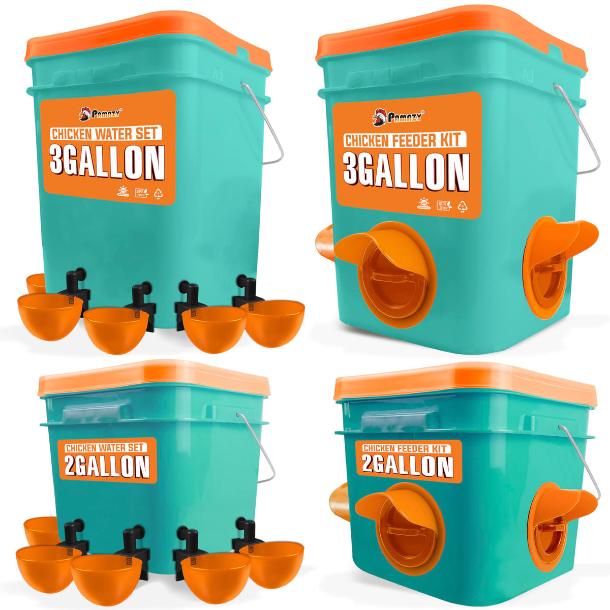 PAMAZY automatic feeder and waterer with buckets for steady poultry supply