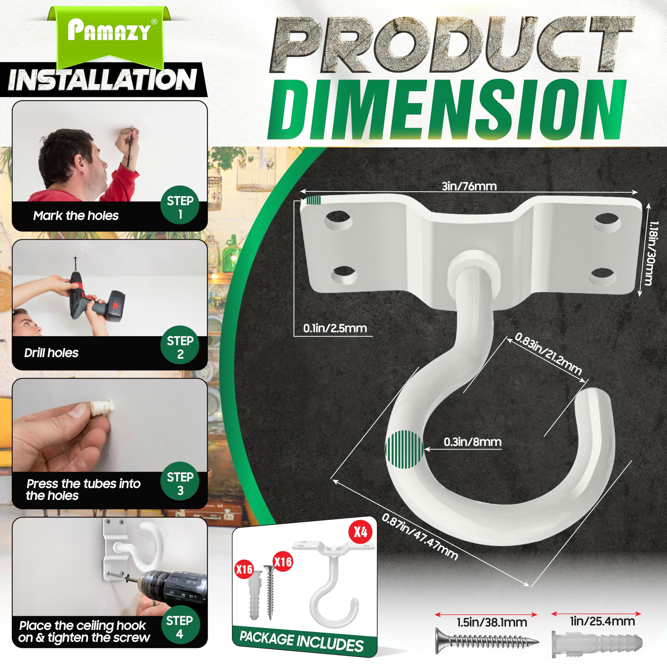 Pamazy easy-install ceiling hook kit with screws and anchors simplifies mounting on brick, wood, or concrete.
