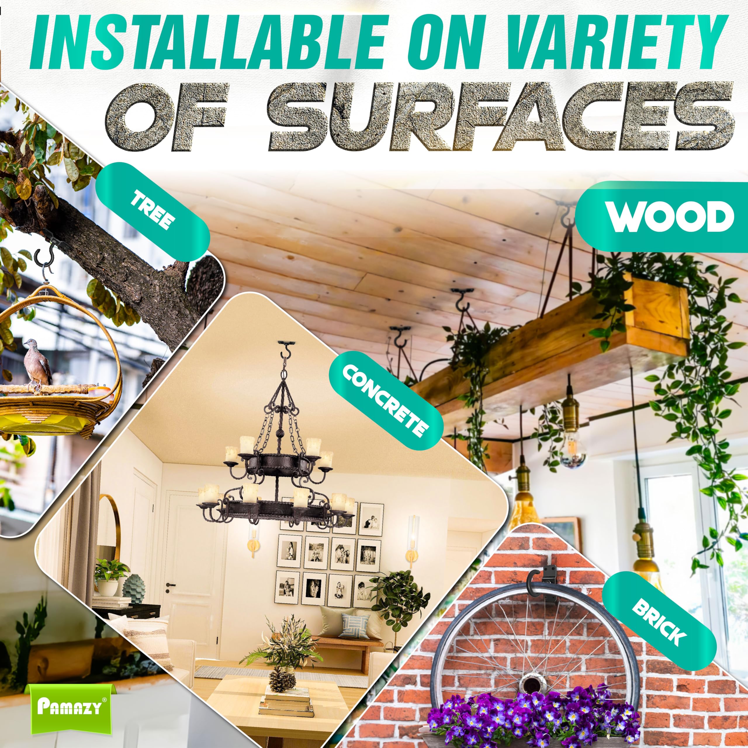 PAMAZY easy install kit simplifies ceiling mounting on brick, wood, or concrete.