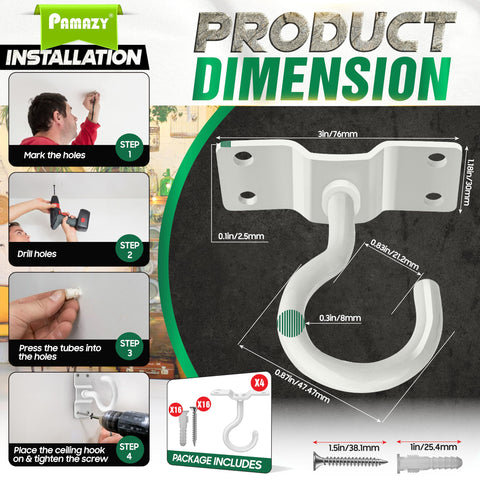 Pamazy easy-install ceiling hook kit with screws and anchors simplifies mounting on brick, wood, or concrete.