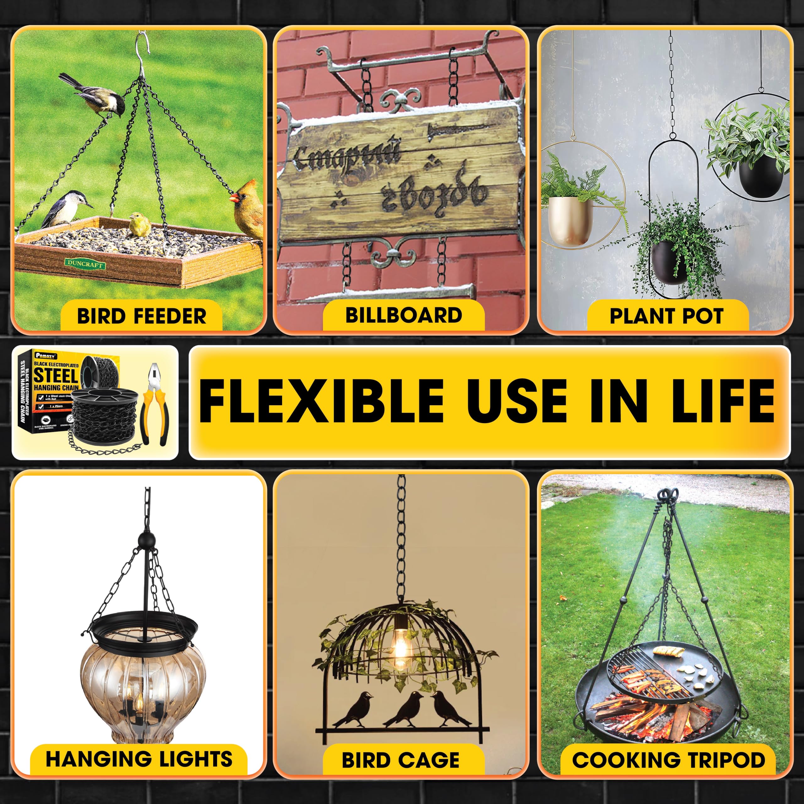 PAMAZY indoor and outdoor compatibility for lanterns, planters, and signs.