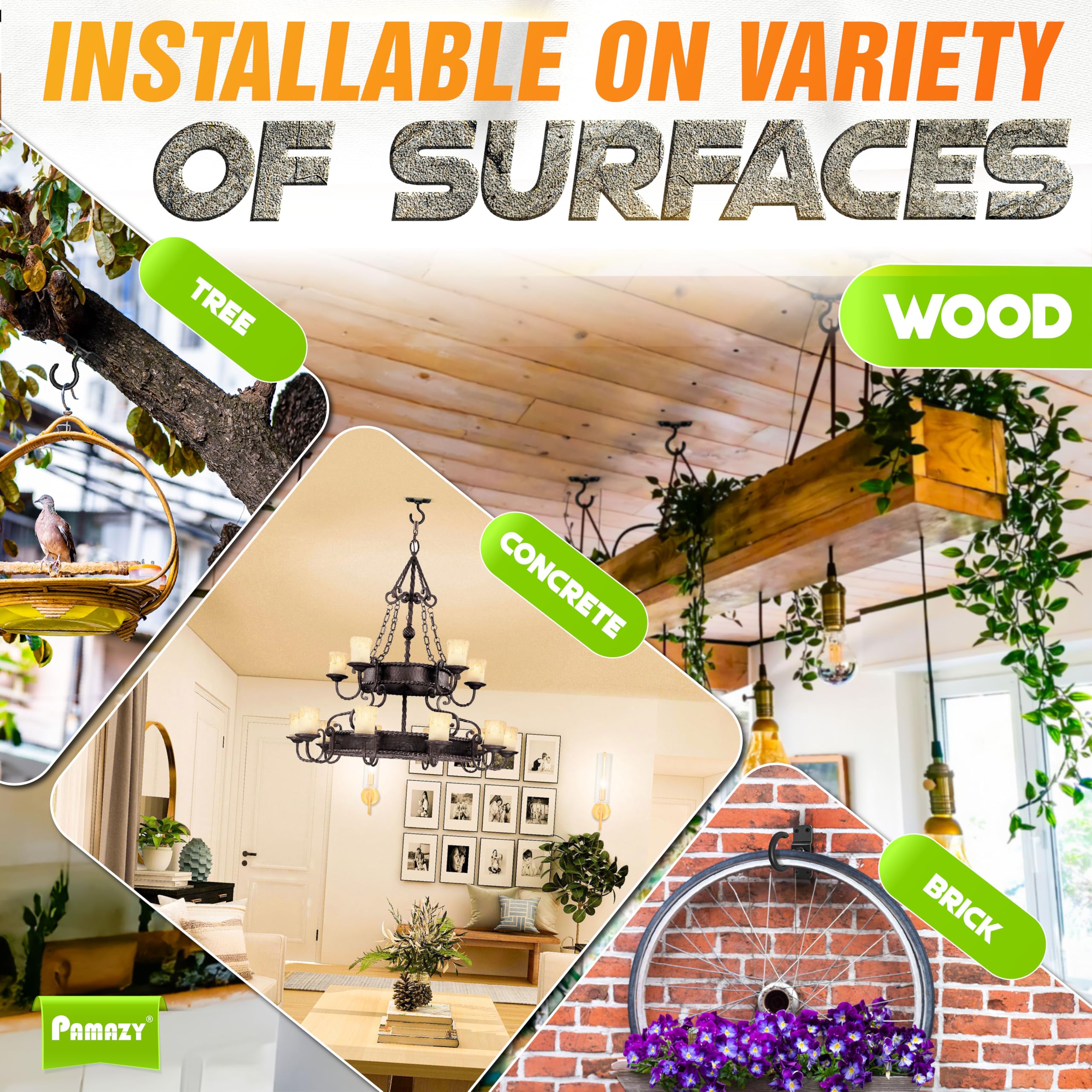 Pamazy indoor/outdoor ceiling hook suited for garden decor and lighting.