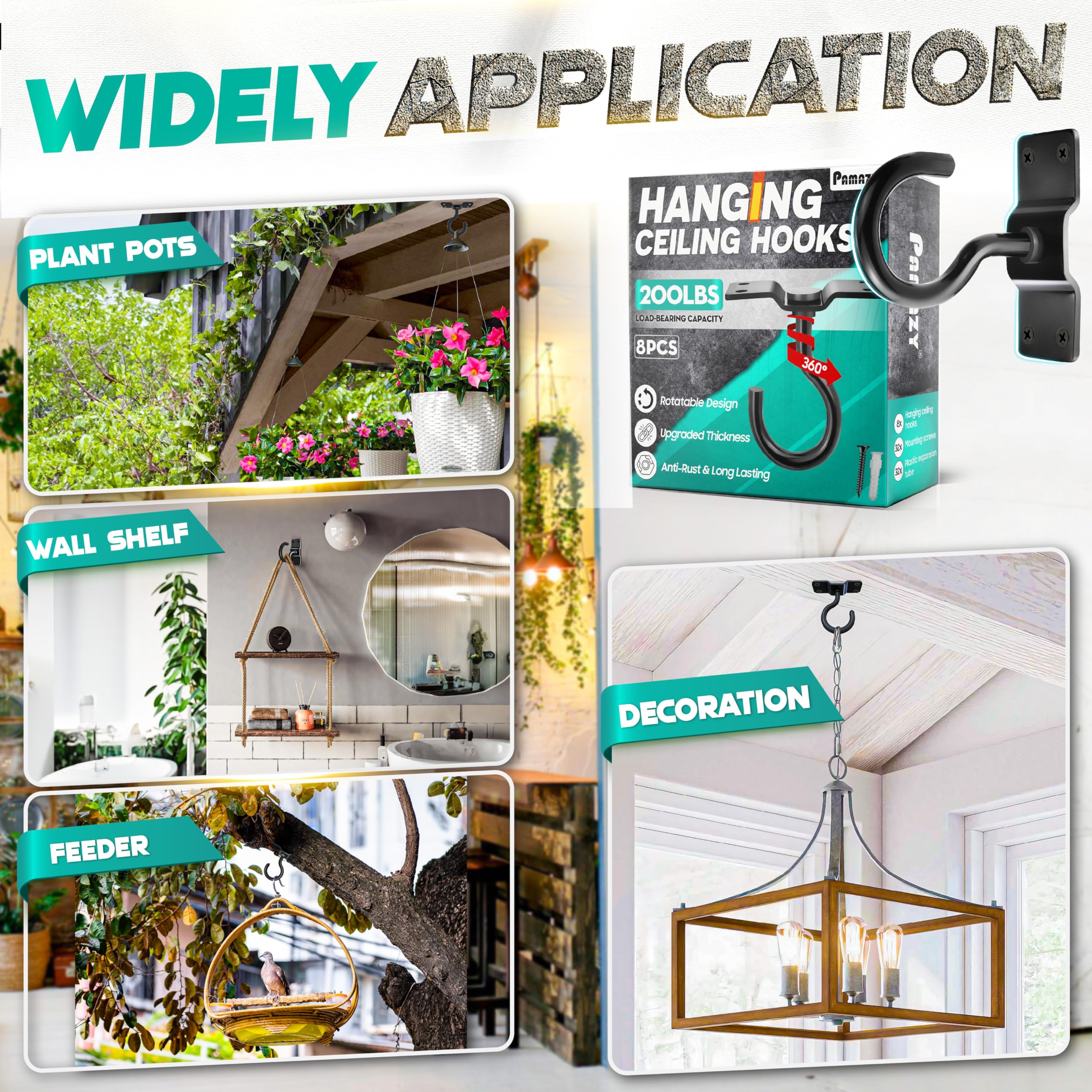 PAMAZY indoor outdoor hanging hook kit suits plants, feeders, lanterns, and lights.