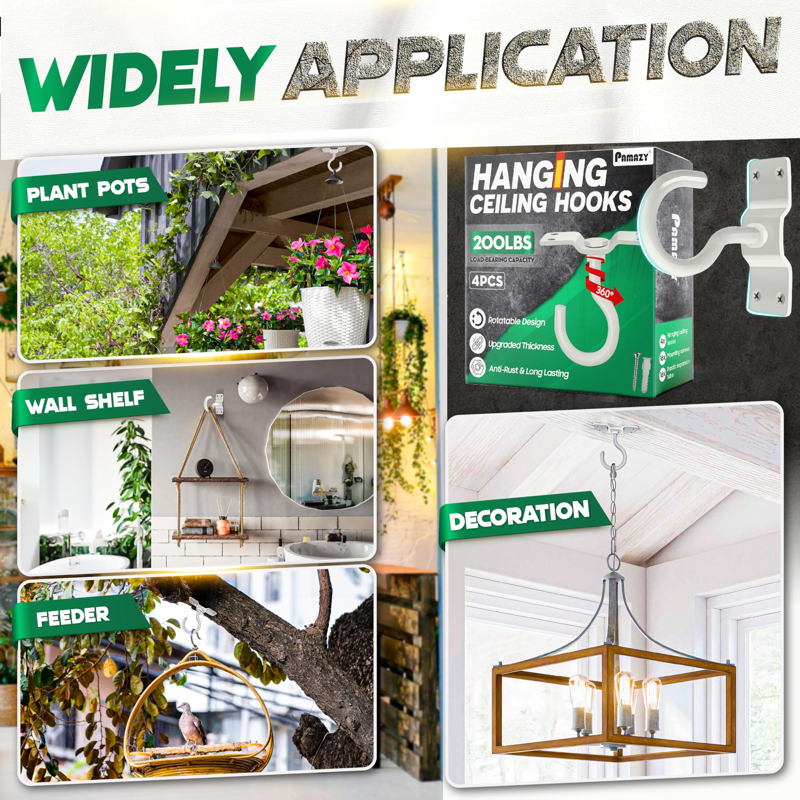 Pamazy four-hook kit includes base plate and hardware for secure ceiling mounting.