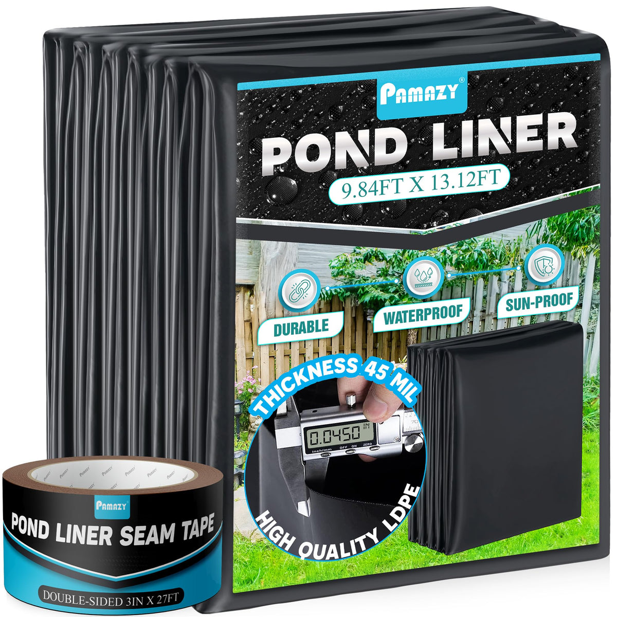 Pamazy pond liner 9.8x13.1 ft laid out in a garden pond for fish habitat.