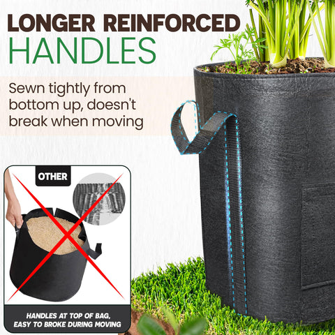 PAMAZY grow bags feature reinforced handles for easy lifting.