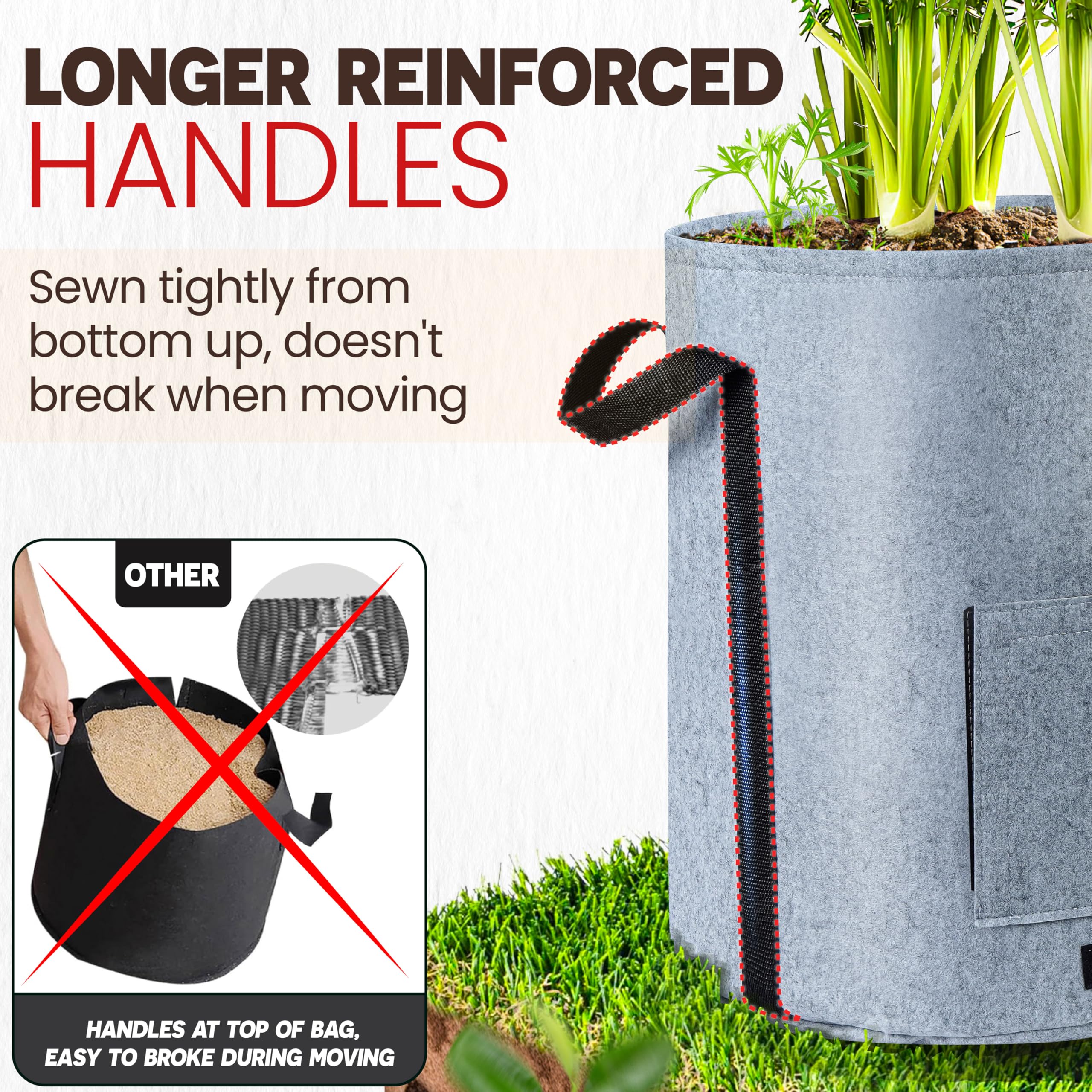 PAMAZY reinforced long handles for easy movement when bags are full.