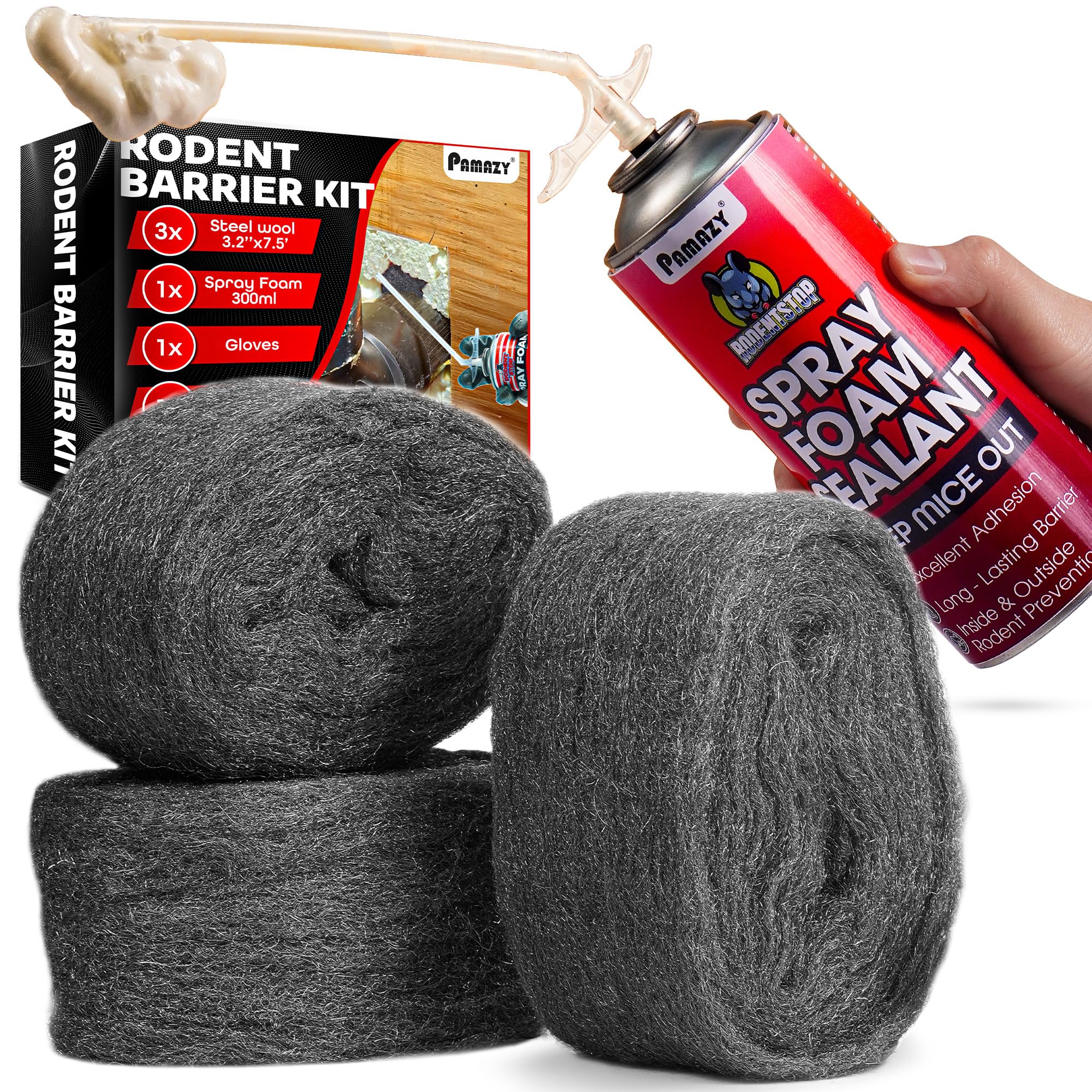 PAMAZY Rodent Barrier Kit steel wool roll for chew-resistant gaps in home walls.