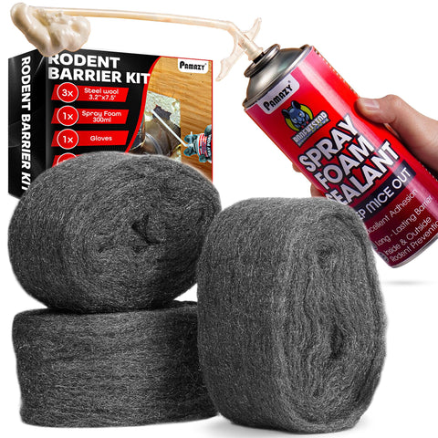 PAMAZY Rodent Barrier Kit steel wool roll for chew-resistant gaps in home walls.