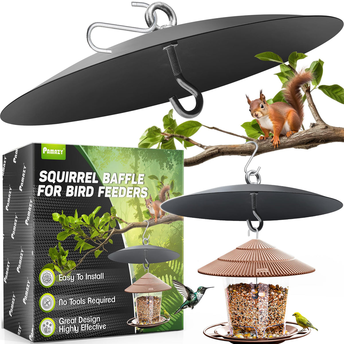 PAMAZY solid steel 16-inch squirrel baffle protecting a bird feeder from climbing squirrels